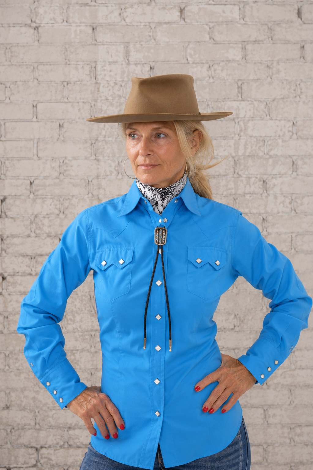 Women's Solid Turquoise Cotton Blend Western Shirt by Rockmount Ranch Wear with diamond snap shirt and pearl snap