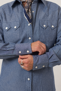 Women's Indigo Chambray Sawtooth Pocket Western Shirt by Rockmount Ranch Wear in denim with diamond snap front