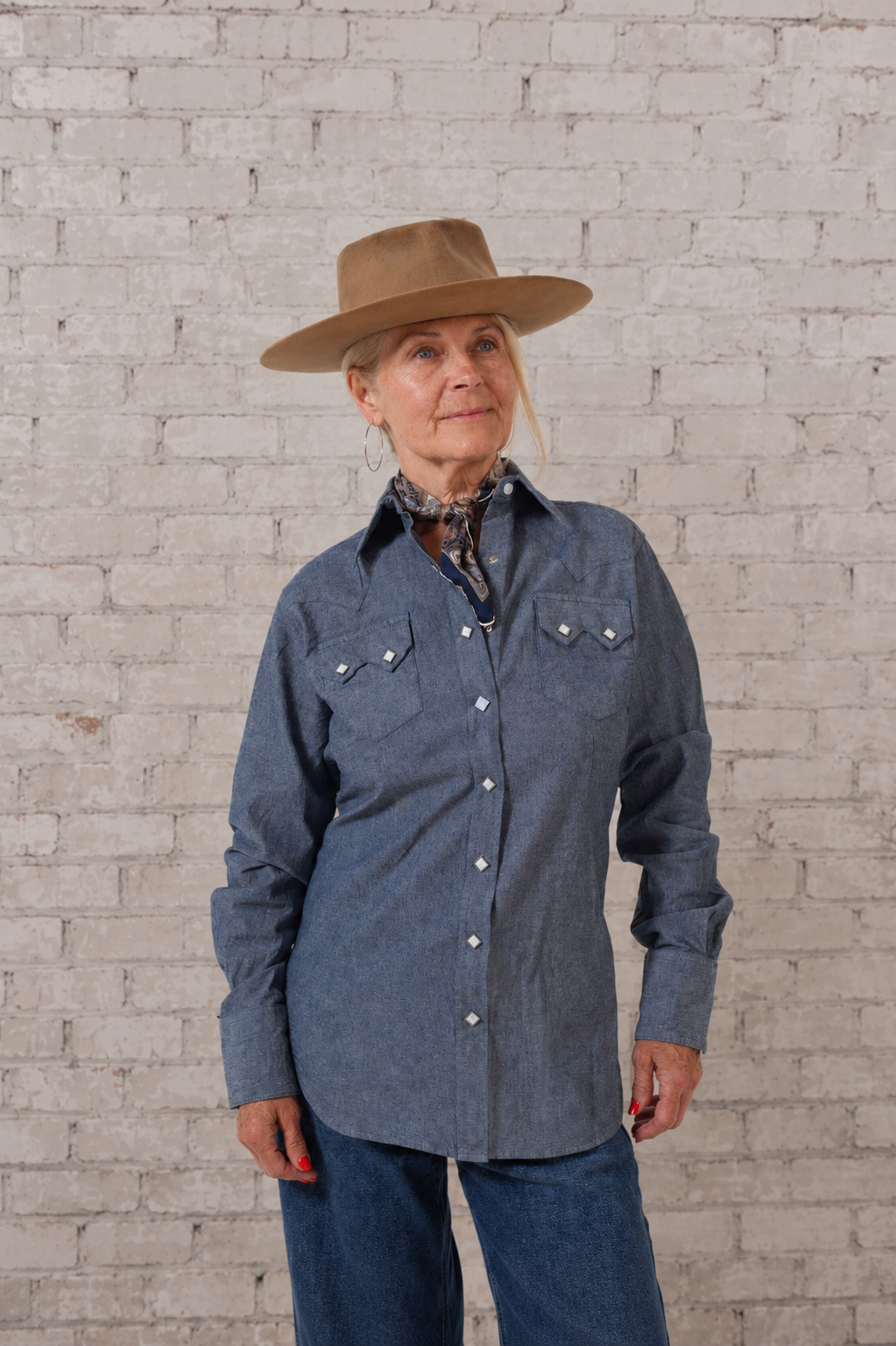 Women's Indigo Chambray Sawtooth Pocket Western Shirt by Rockmount Ranch Wear with diamond snap front