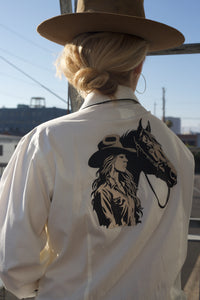Women's Ivory Cowgirl Horse Embroidered Western Shirt by Rockmount Ranch Wear with front and back embroidery