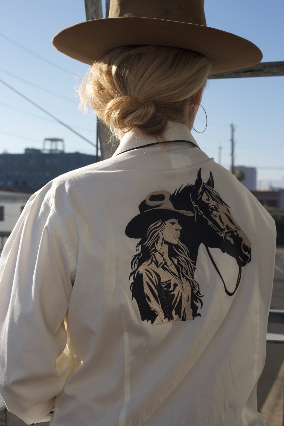 Women's Ivory Cowgirl Horse Embroidered Western Shirt by Rockmount Ranch Wear with front and back embroidery