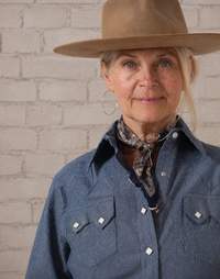 Women's Indigo Chambray Sawtooth Pocket Western Shirt by Rockmount Ranch Wear with diamond snap front