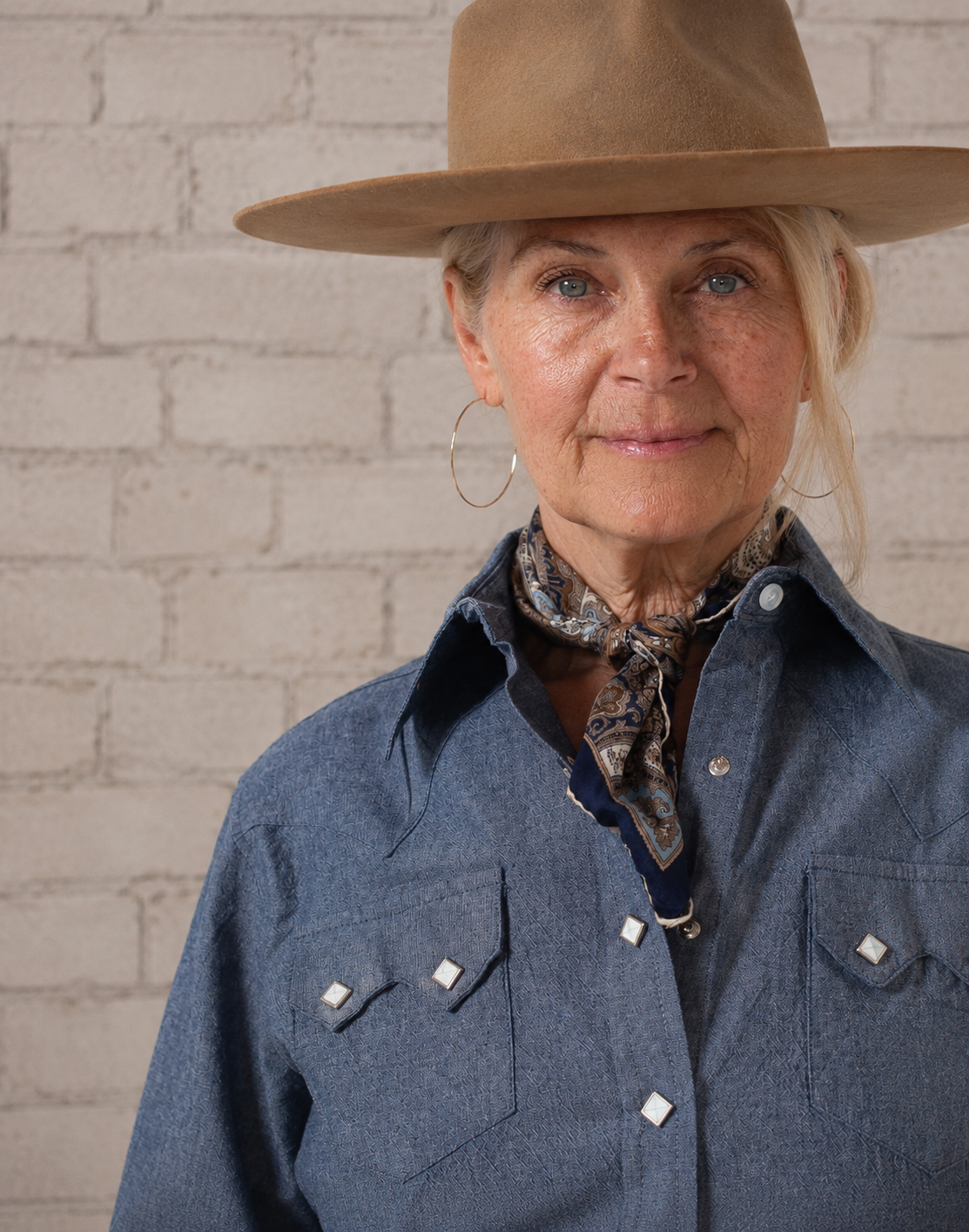 Women's Indigo Chambray Sawtooth Pocket Western Shirt by Rockmount Ranch Wear with diamond snap front