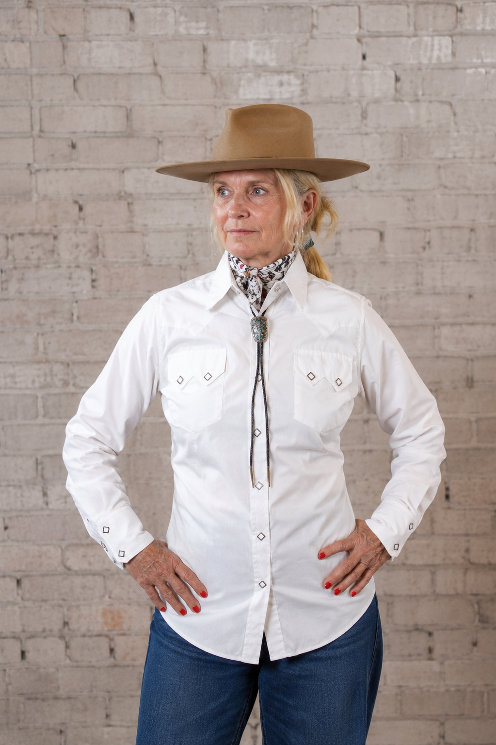 Women's Classic Pima Cotton Solid White Western Shirt by Rockmount Ranch Wear with diamond snaps