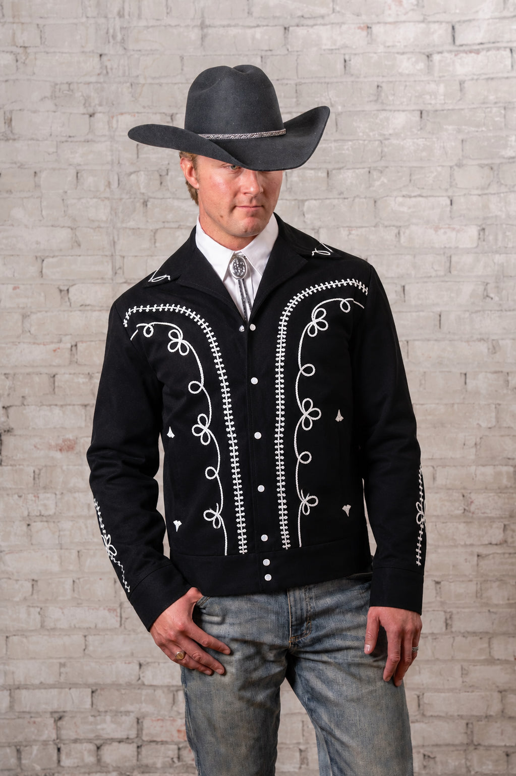 Men's Vintage Western Bolero Jacket with White Rope Embroidery by Rockmount Ranch Wear, western wear