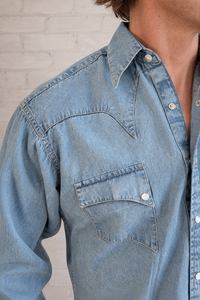Men's Classic Denim Quarter Horse Western Shirt by Rockmount Ranch Wear in light blue denim with round snap closures
