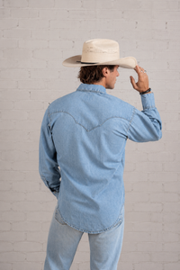 Men's Classic Denim Quarter Horse Western Shirt by Rockmount Ranch Wear in light blue 100 cotton stonewashed denim