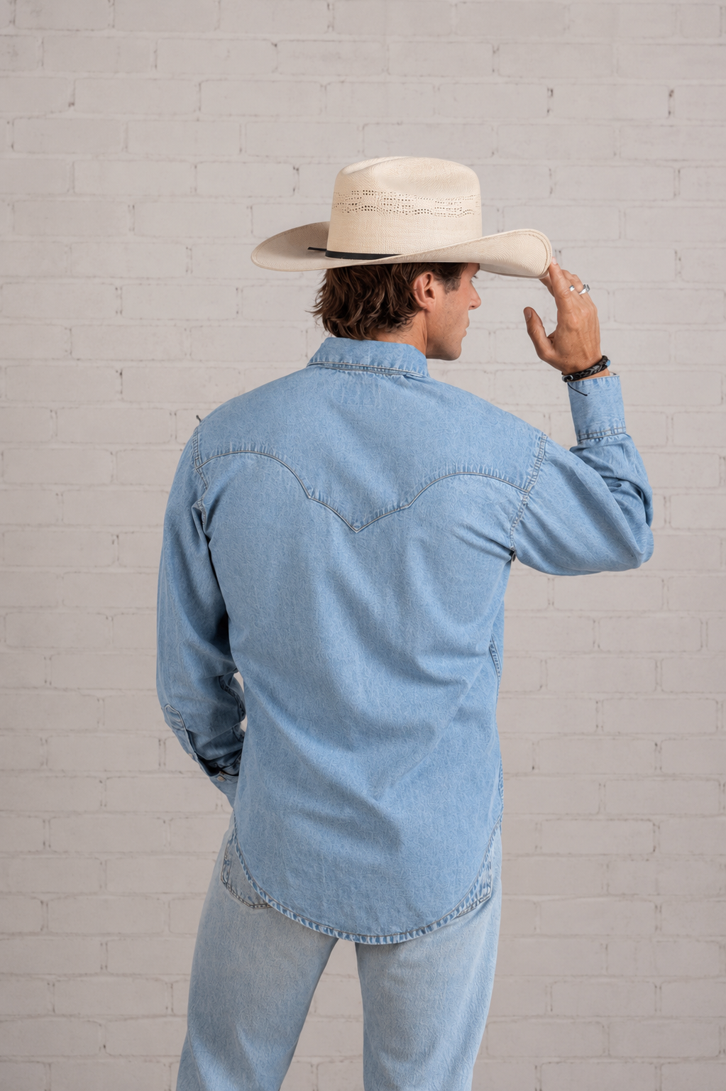 Men's Classic Denim Quarter Horse Western Shirt by Rockmount Ranch Wear in light blue 100 cotton stonewashed denim