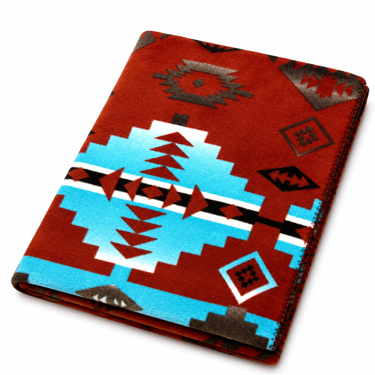 Native Pattern Fleece Western Blanket in rust and turquoise by Rockmount Ranch Wear with blanket-stitch hem