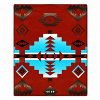 Native Pattern Fleece Western Blanket by Rockmount Ranch Wear in vintage red and turquoise with blanket-stitch hem