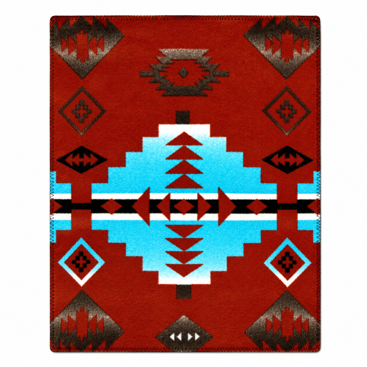 Native Pattern Fleece Western Blanket by Rockmount Ranch Wear in vintage red and turquoise with blanket-stitch hem