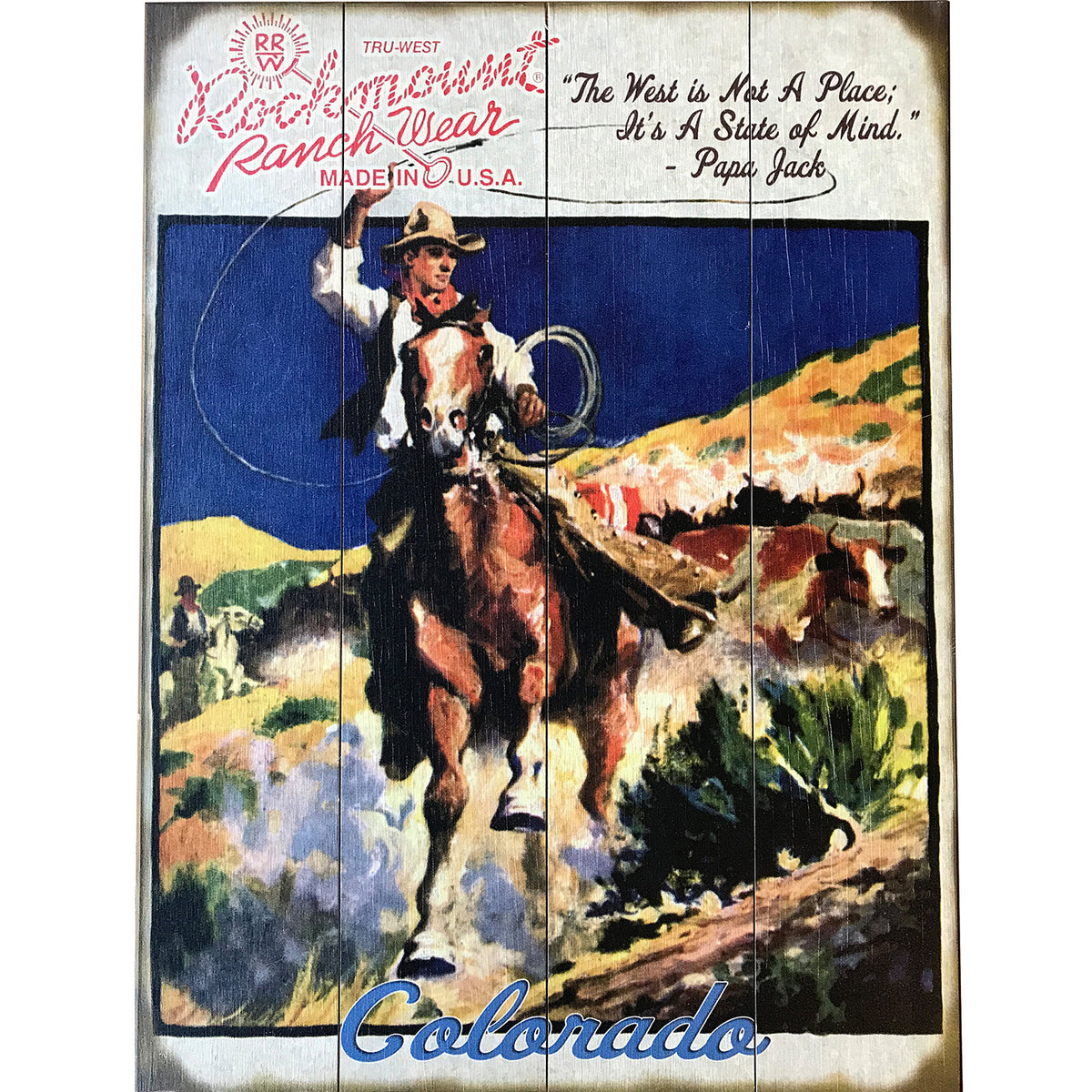 Cowboy Calf Roper Distressed Wood Western Sign Small by Rockmount Ranch Wear, vintage distressed texture