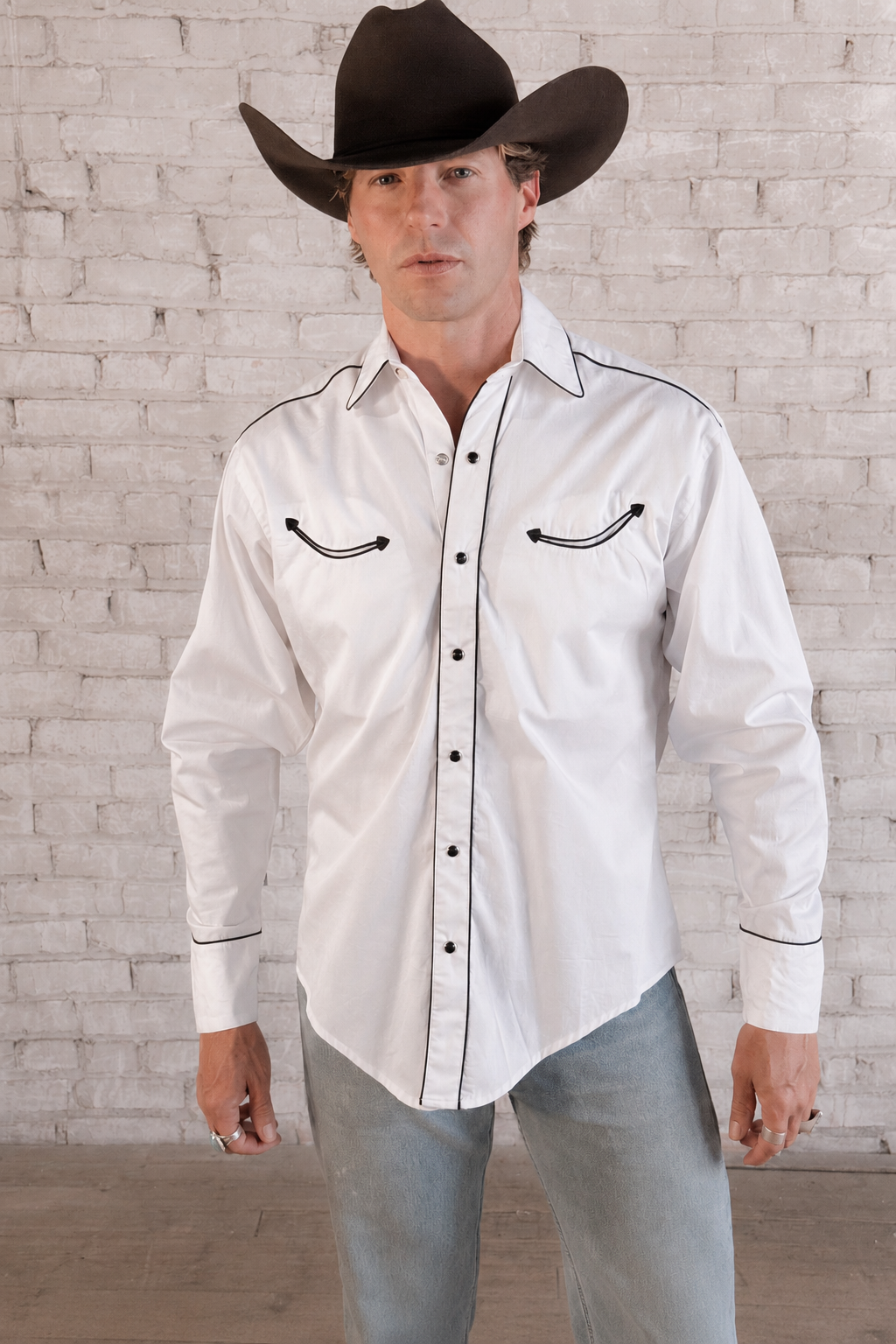 Men's Signature Solid White Western Shirt with Smile Pockets by Rockmount Ranch Wear, embroidered snaps