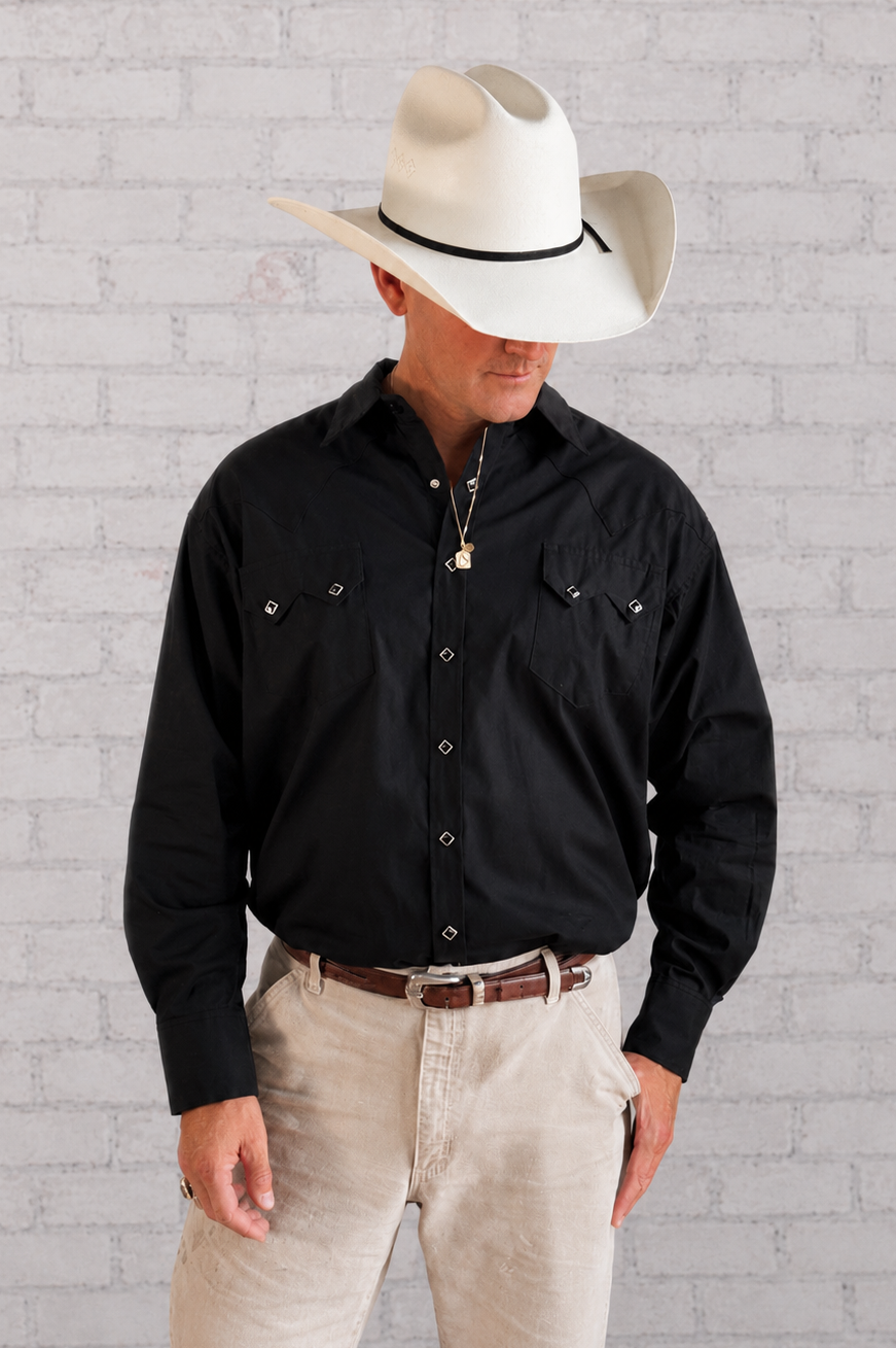 Men's Classic Pima Cotton Solid Black Western Shirt by Rockmount Ranch Wear with diamond snap front