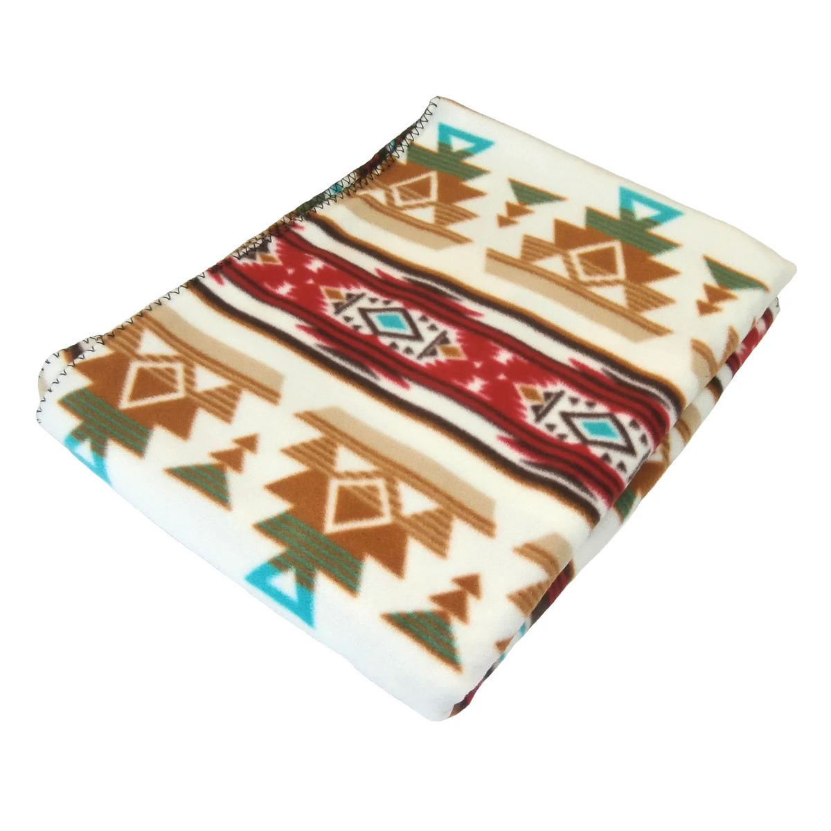 Native Pattern Fleece Western Blanket in tan and red by Rockmount Ranch Wear, blanket-stitch hem