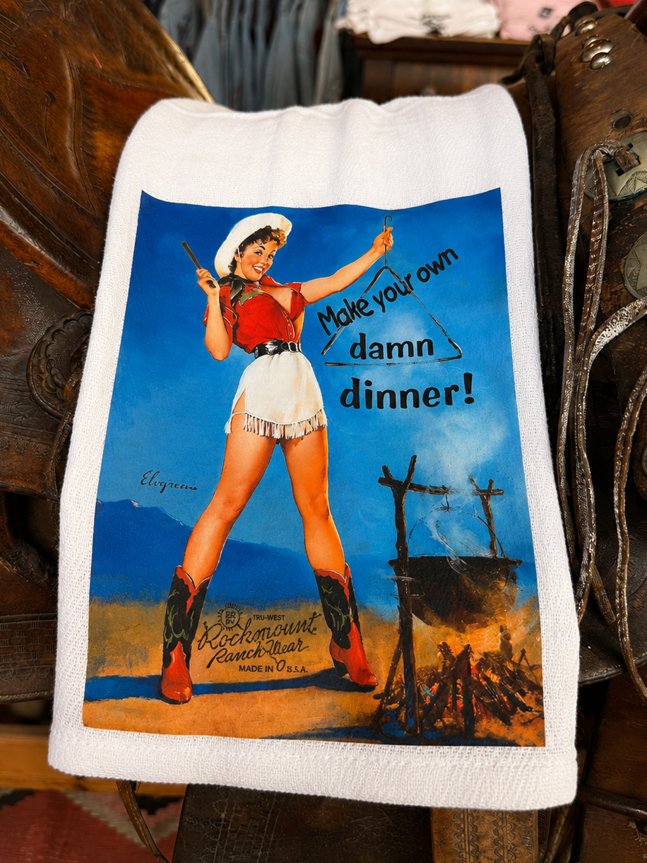 Make Your Own Damn Dinner Western Tea Towel by Rockmount Ranch Wear, white cotton with western print