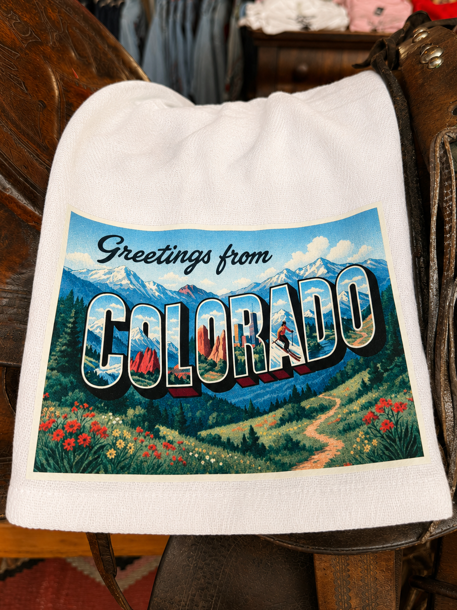 Greetings from Colorful Colorado Western Tea Towel by Rockmount Ranch Wear, vintage printed cotton fabric