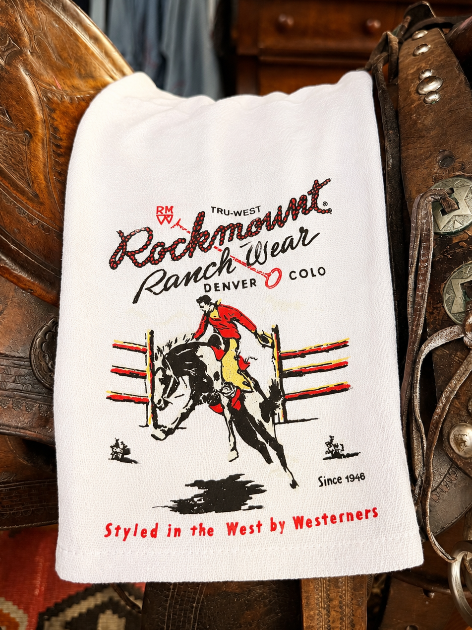 Rockmount Ranch Wear Bronc Western Tea Towel with western horse-themed vintage print, 100 cotton fabric