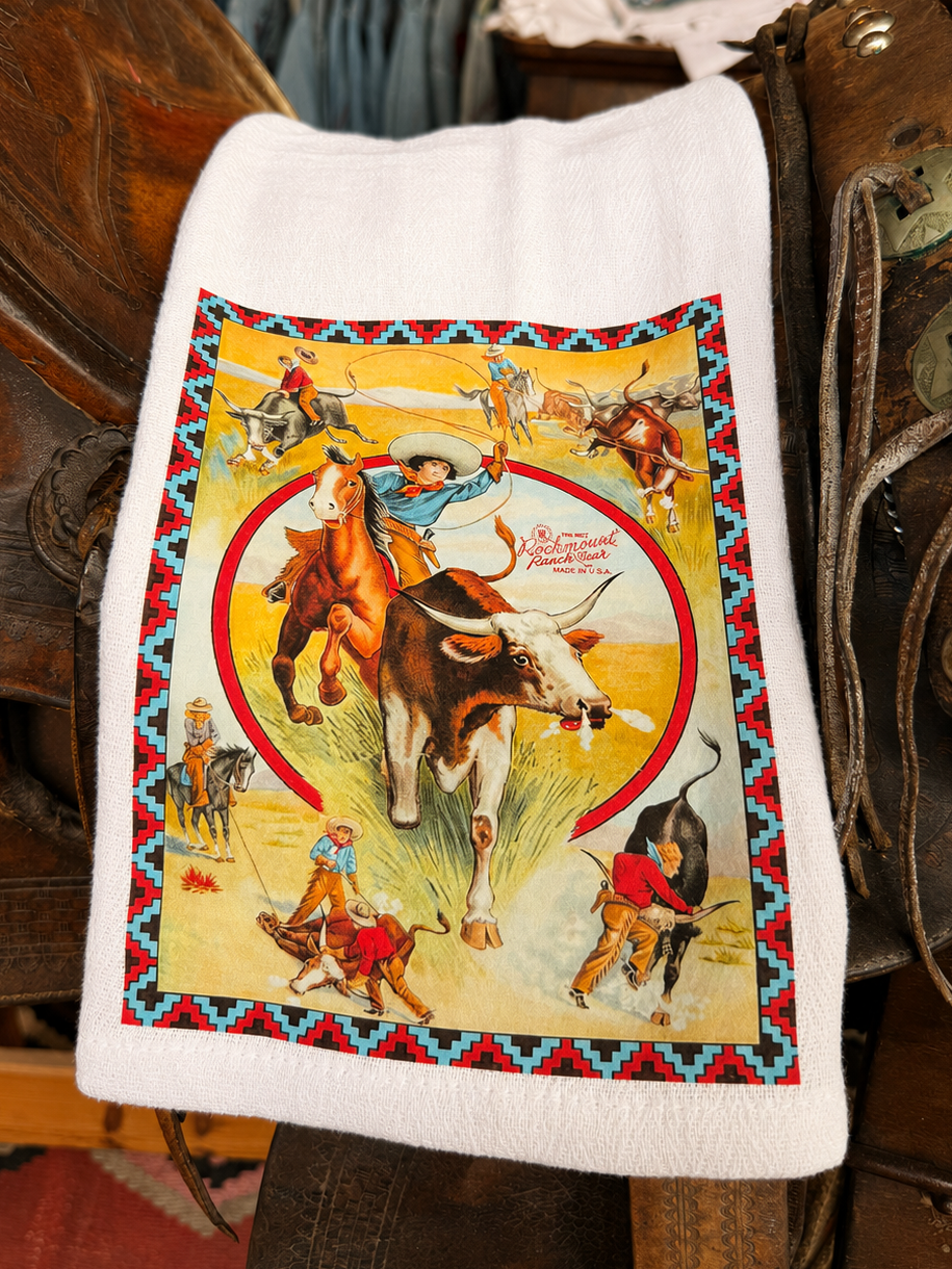 Calf Roping Rodeo Cowgirl Western Tea Towel by Rockmount Ranch Wear with western-themed printed scene