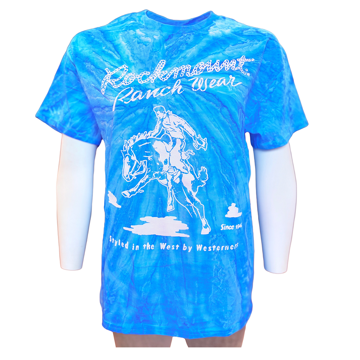 Men's Rockmount Bronc 100 cotton tie dye blue western t-shirt by Rockmount Ranch Wear, vintage print