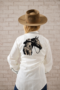 Women's Ivory Cowgirl Horse Embroidered Western Shirt by Rockmount Ranch Wear, vintage western wear