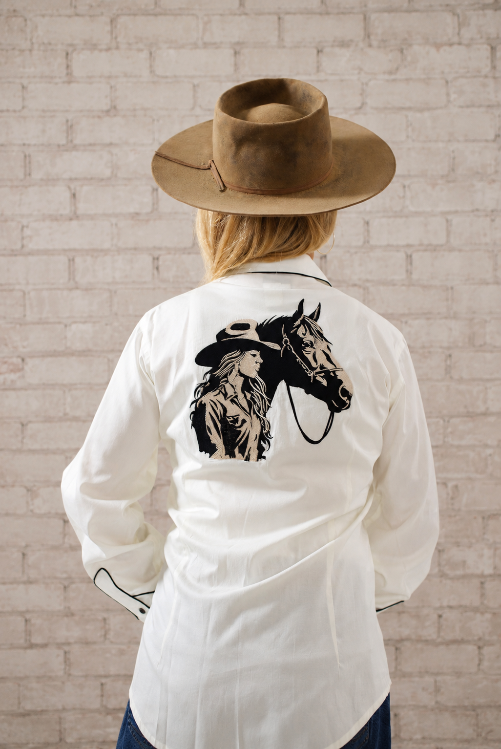 Women's Ivory Cowgirl Horse Embroidered Western Shirt by Rockmount Ranch Wear, vintage western wear