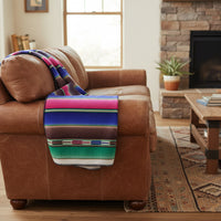 Native Serape Pattern Fleece Western Blanket by Rockmount Ranch Wear in brown and purple with blanket stitch hem