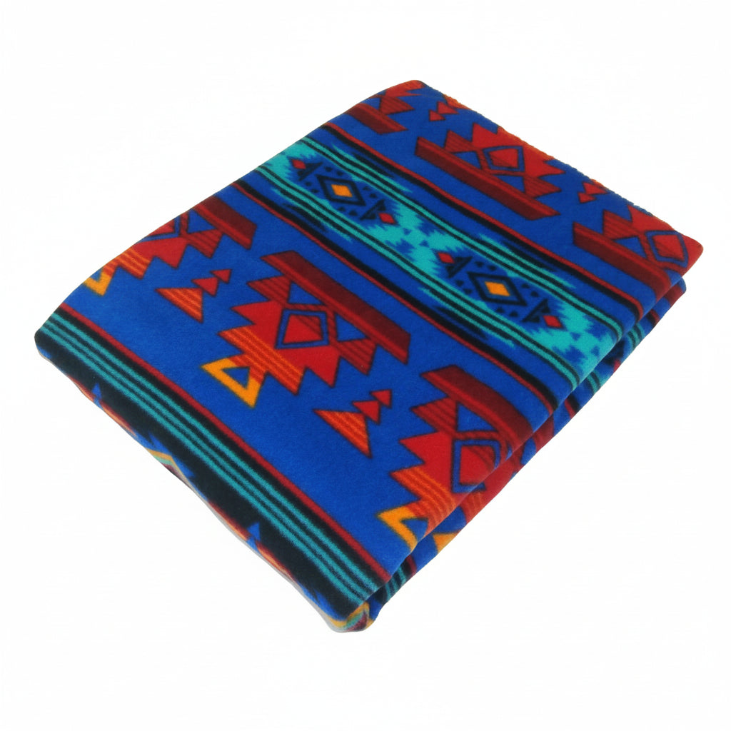 Native Pattern Fleece Western Blanket by Rockmount Ranch Wear in blue and red with blanket stitch hem