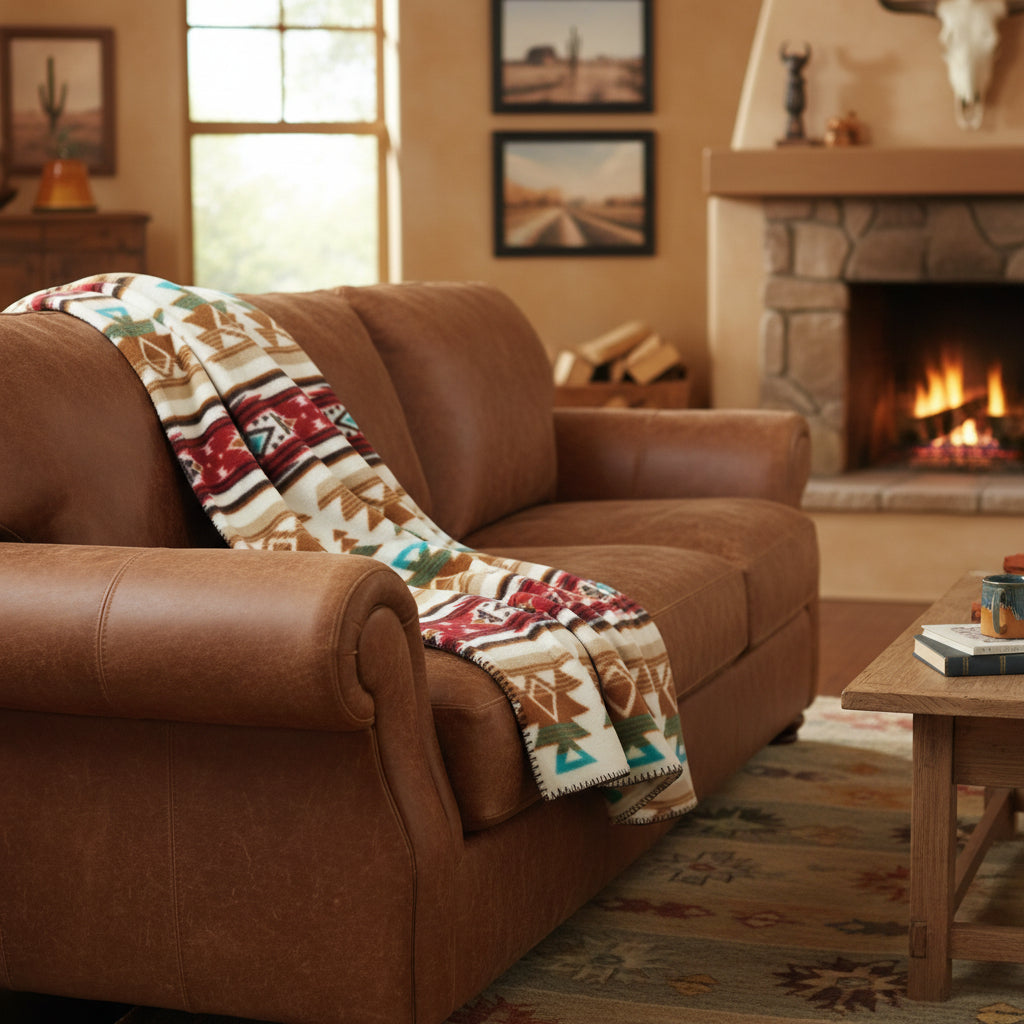 Native Pattern Fleece Western Blanket in Tan and Red by Rockmount Ranch Wear, 60 inch x 72 inch throw