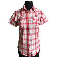 Women's Shadow Plaid Dobby Lurex Short Sleeve Western Shirt in Red, Rockmount Ranch Wear, diamond snap front