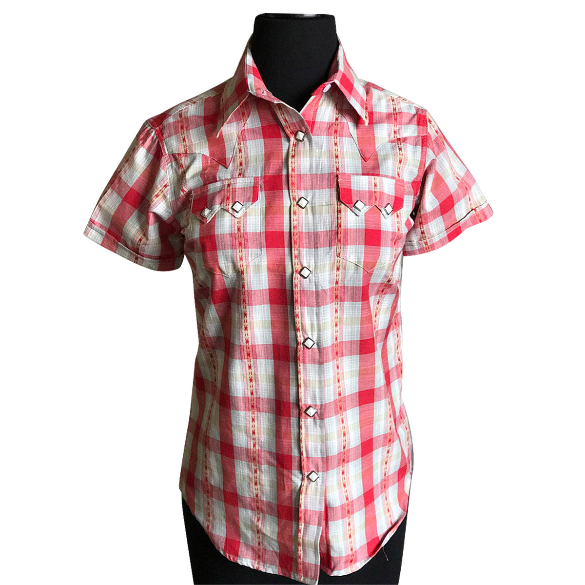 Women's Shadow Plaid Dobby Lurex Short Sleeve Western Shirt in Red, Rockmount Ranch Wear, diamond snap front