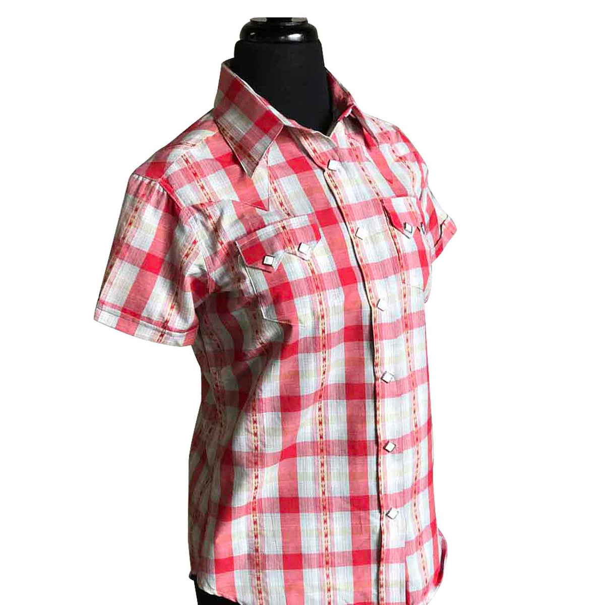 Women's Shadow Plaid Dobby Lurex Short Sleeve Western Shirt in Red by Rockmount Ranch Wear with diamond snap front