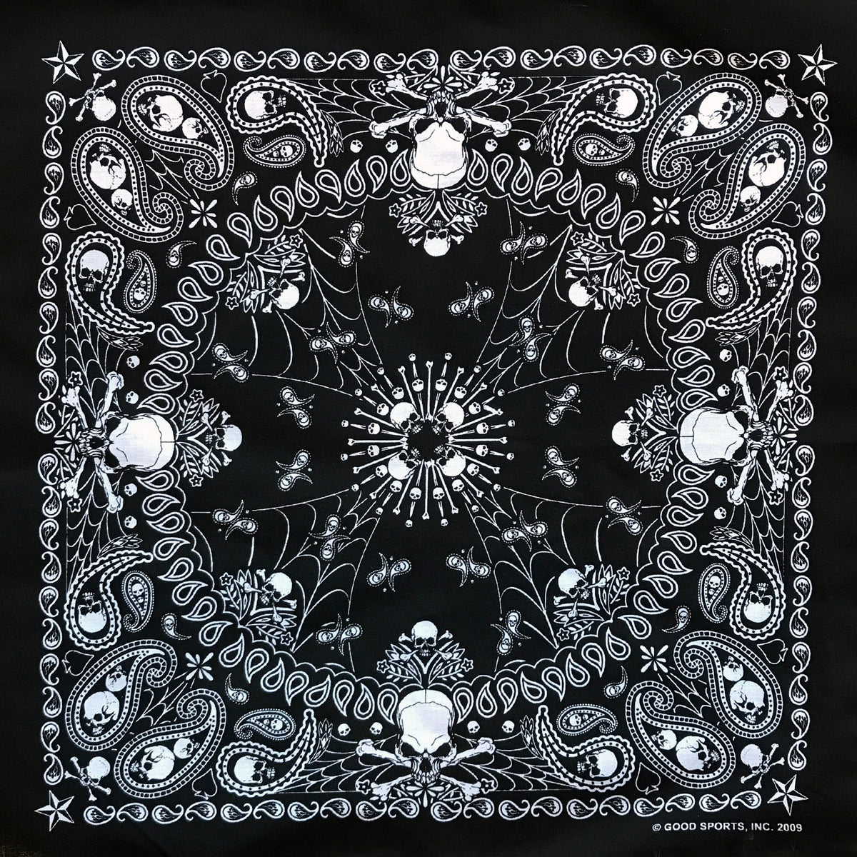 Paisley Western Cotton Bandana in black with skull and crossbones pattern, Rockmount Ranch Wear