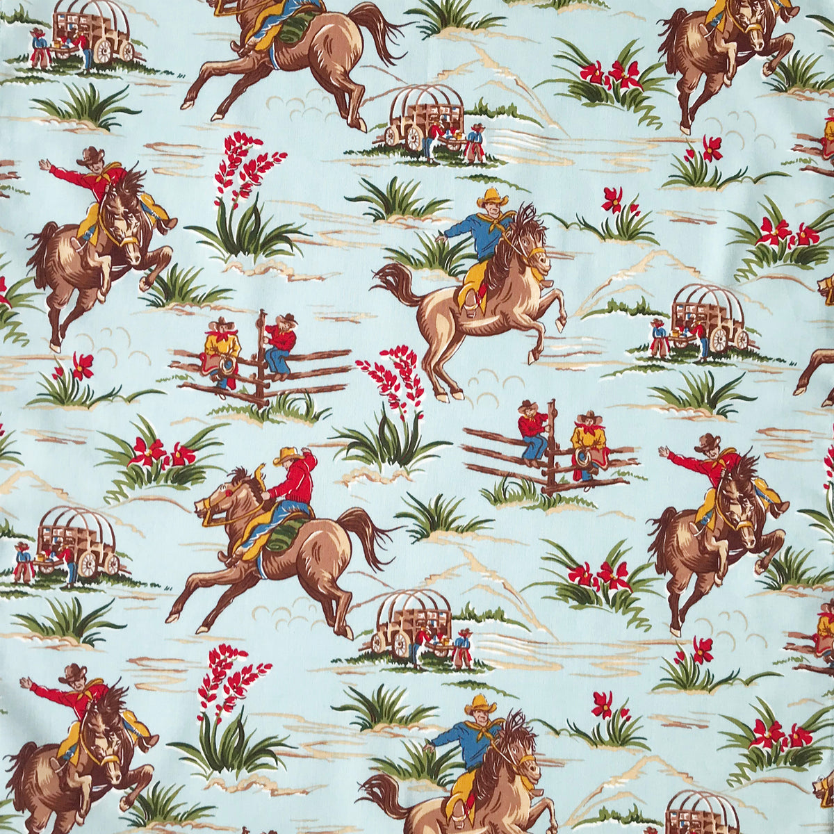 Vintage Western Rodeo Cotton Bandana by Rockmount Ranch Wear in light blue with floral cowboy print