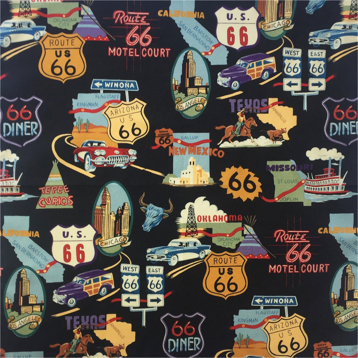 Route 66 Western Cotton Bandana in Black by Rockmount Ranch Wear with vintage Route 66 print