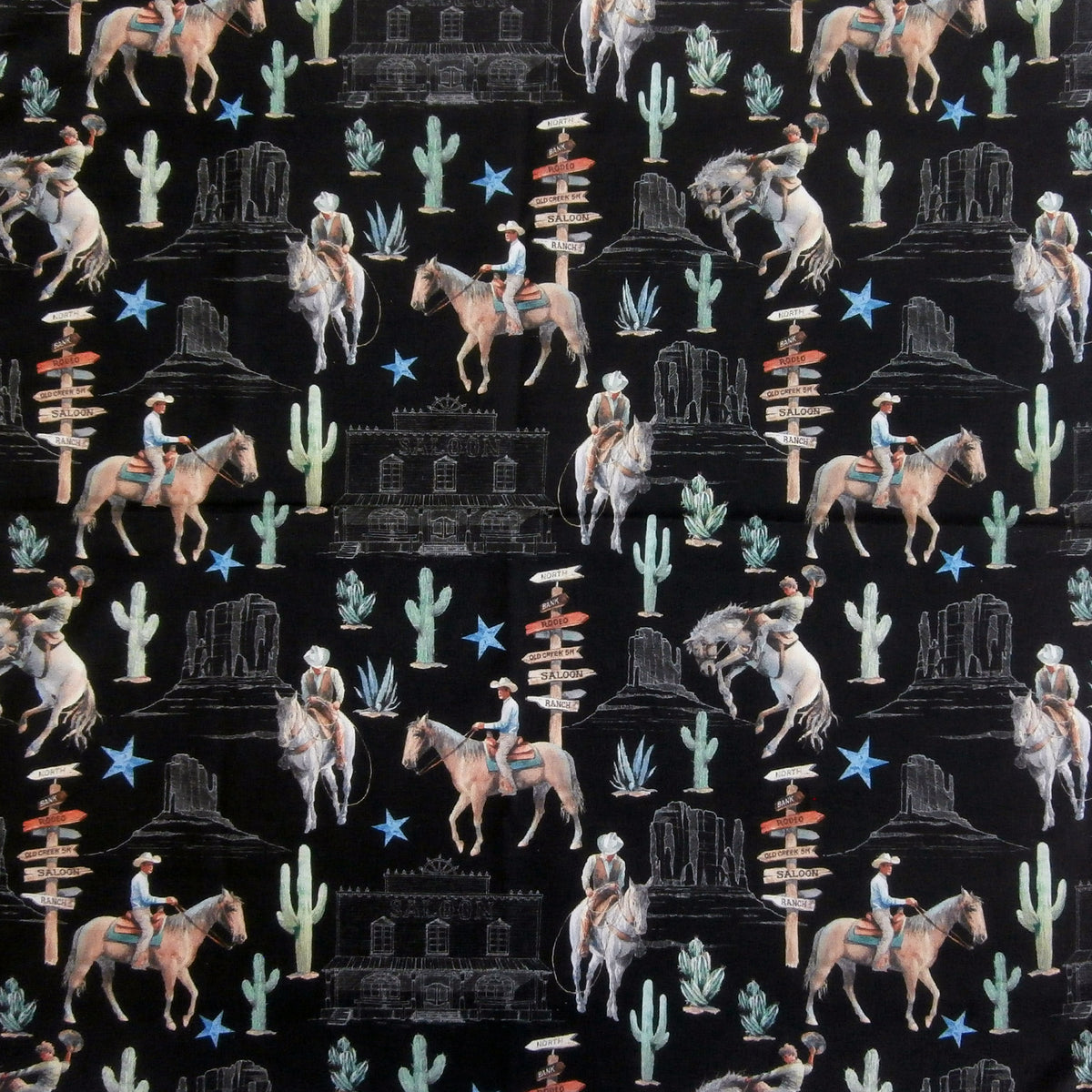Cowboy Riders and Cactus Western Cotton Bandana by Rockmount Ranch Wear, black vintage cactus fringe