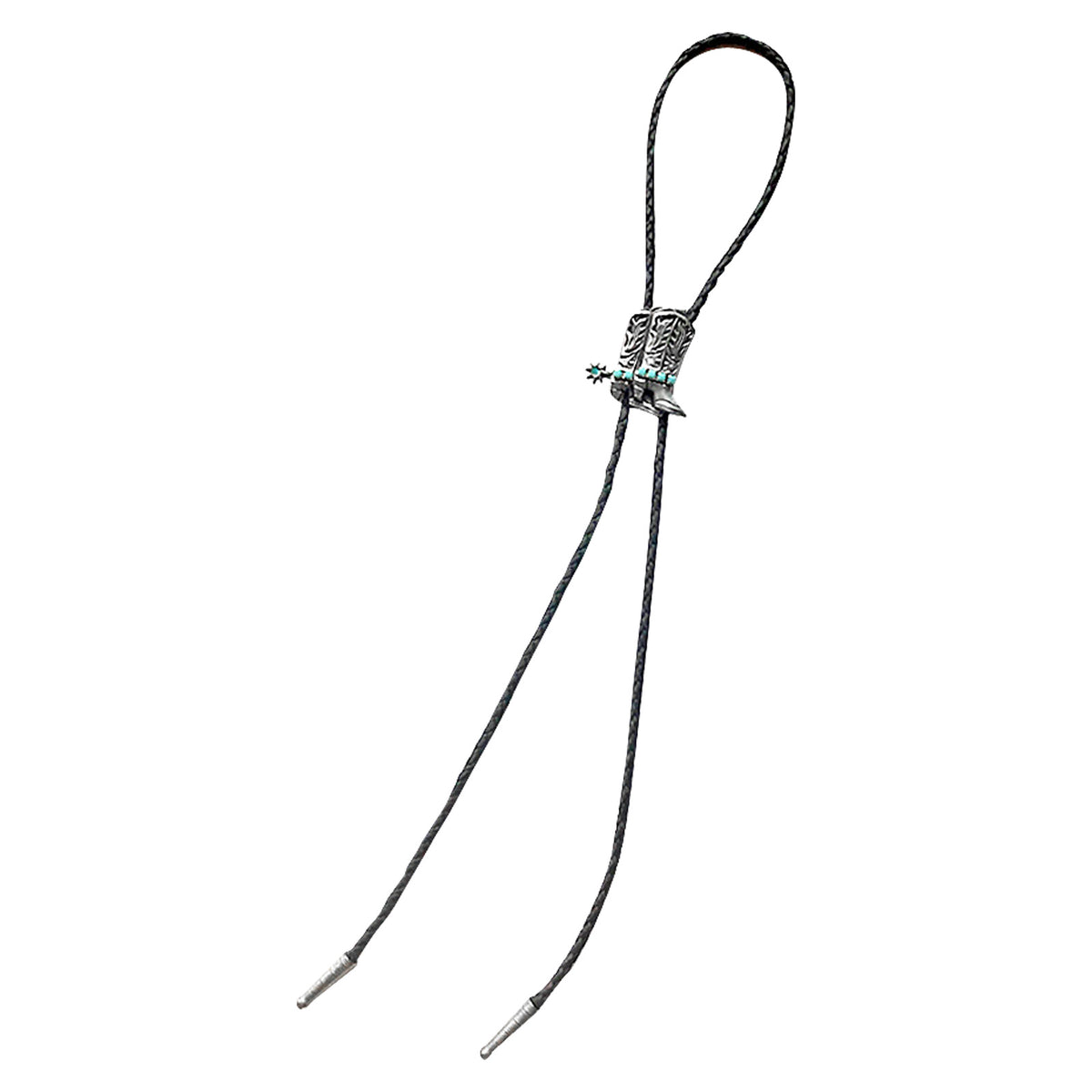 Silver Cowboy Boots with Turquoise Inlay Western Bolo Tie by Rockmount Ranch Wear, leatherette cord and turquoise inlay