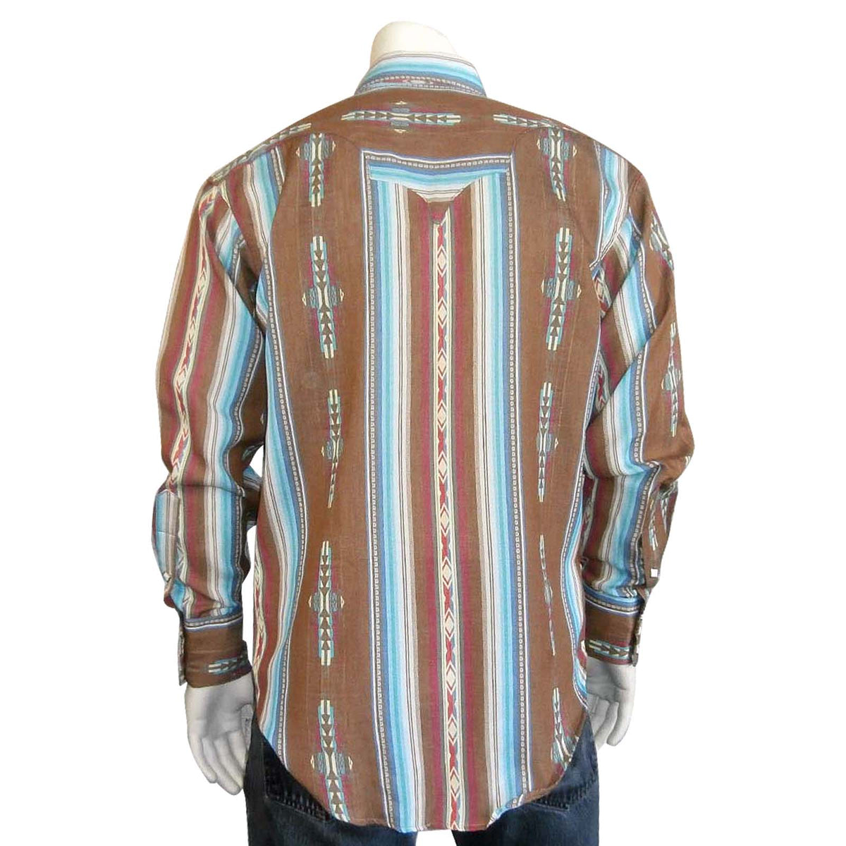 Men's Serape Pattern Western Shirt in Brown Rockmount Ranch Wear with vintage fringe and sawtooth pocket