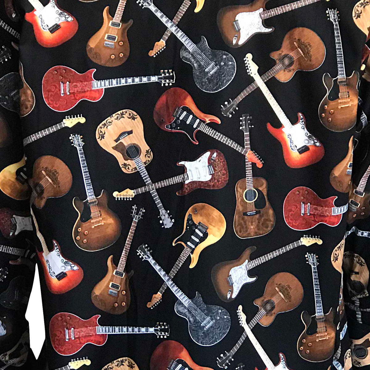 Men's Black Electric Guitars Print Western Shirt by Rockmount Ranch Wear with guitar print and sawtooth pocket
