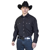 Men's Slim Fit Black Cotton Blend Western Shirt by Rockmount Ranch Wear, diamond snap front closure and sawtooth pockets