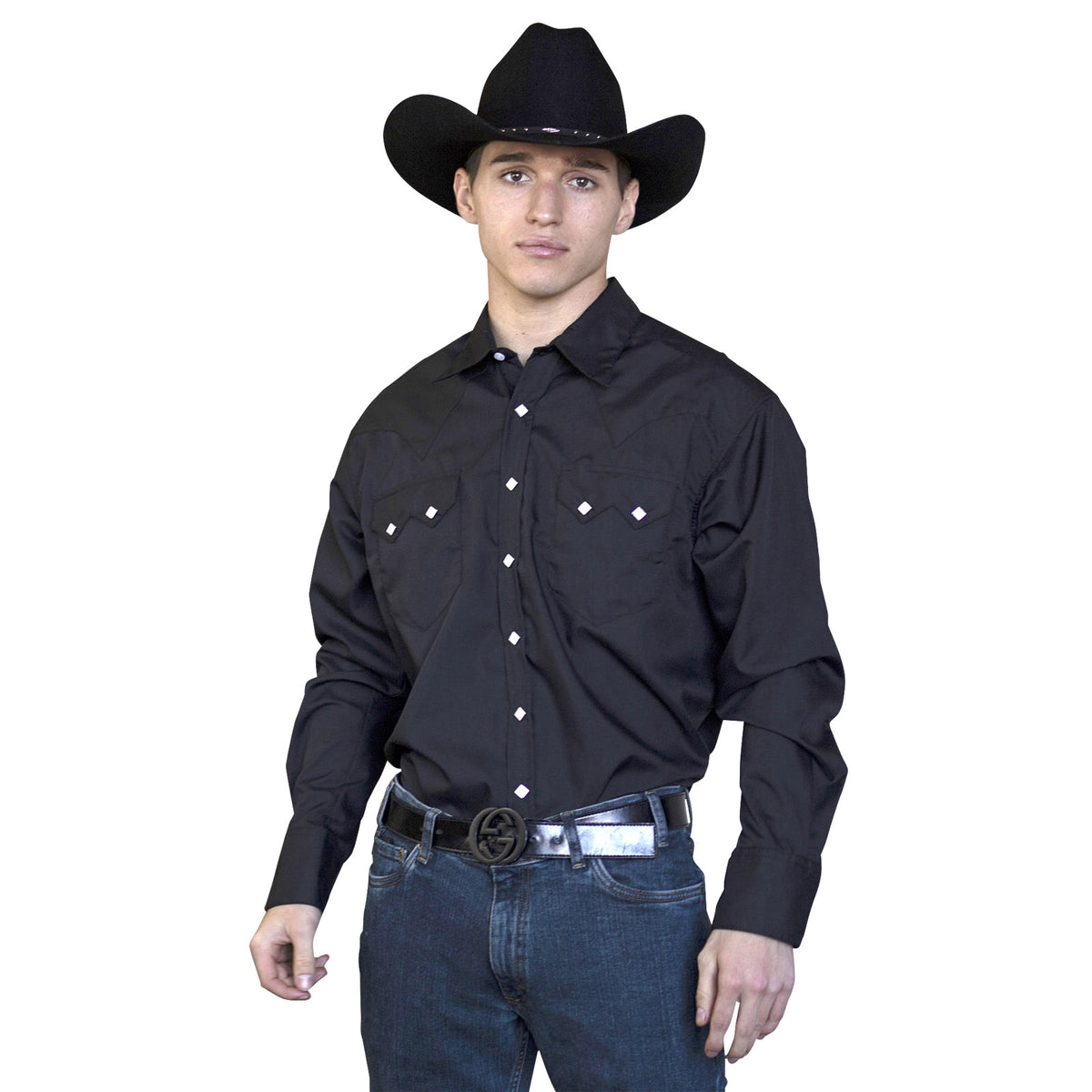 Men's Slim Fit Black Cotton Blend Western Shirt by Rockmount Ranch Wear, diamond snap front closure and sawtooth pockets