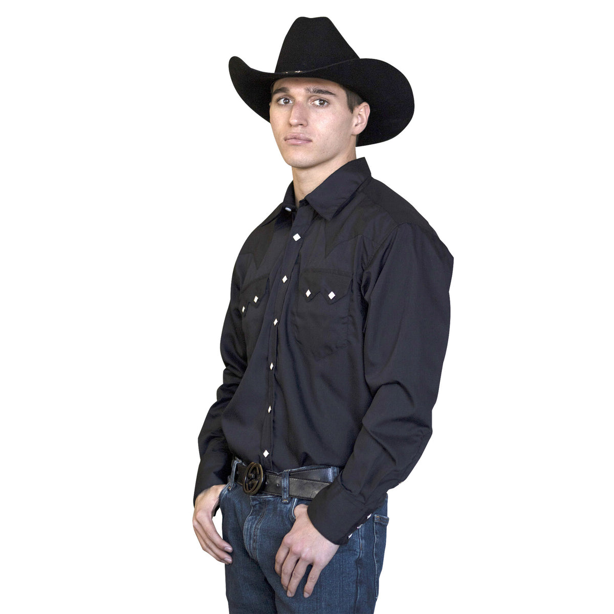 Men's Slim Fit Black Cotton Blend Western Shirt by Rockmount Ranch Wear with diamond snap front closure