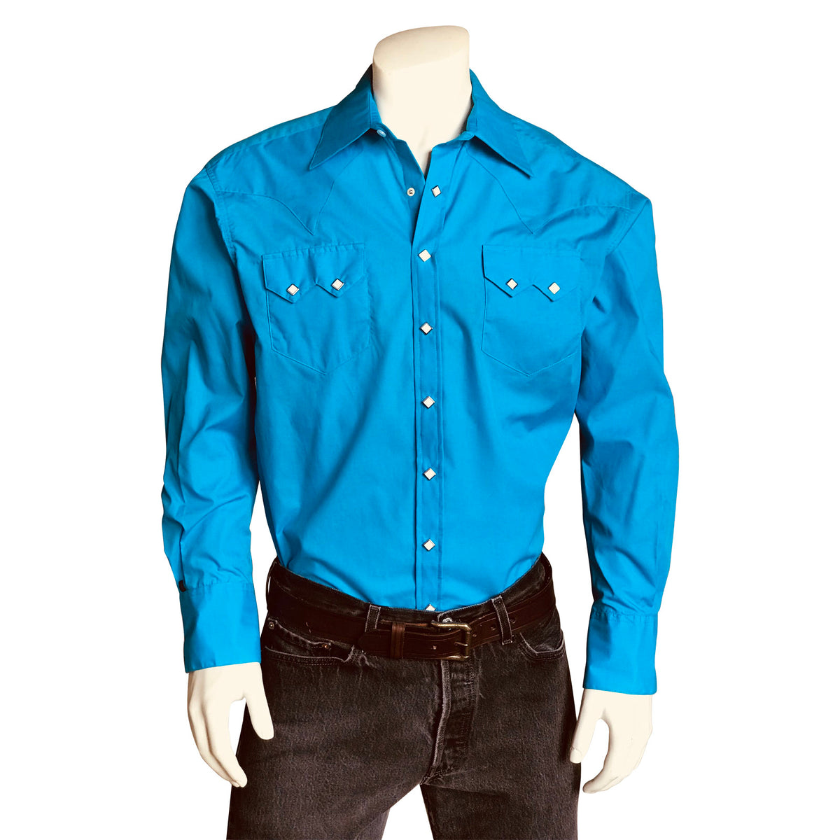 Men's Slim Fit Turquoise Cotton Blend Western Shirt by Rockmount Ranch Wear with sawtooth pockets and diamond snaps