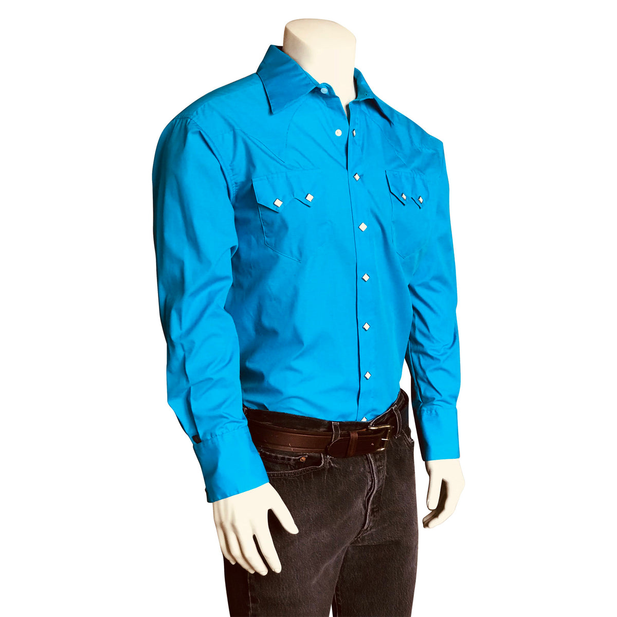 Men's Slim Fit Turquoise Cotton Blend Western Shirt by Rockmount Ranch Wear with sawtooth pockets and diamond snaps