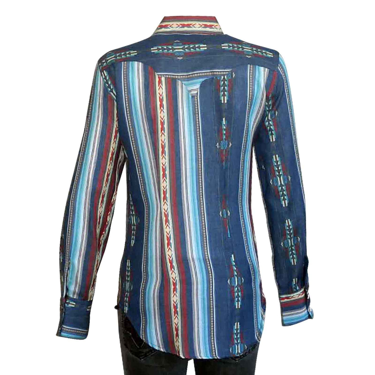 Women's Serape Pattern Western Shirt in Blue Rockmount Ranch Wear with fringe and embroidered floral stripes