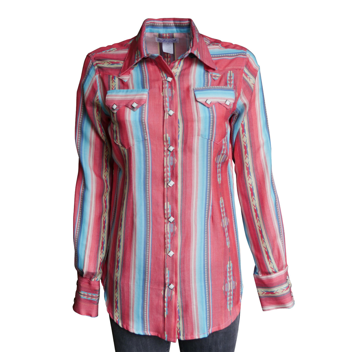 Women's Serape Pattern Western Shirt in Coral by Rockmount Ranch Wear with diamond snaps and sawtooth pockets