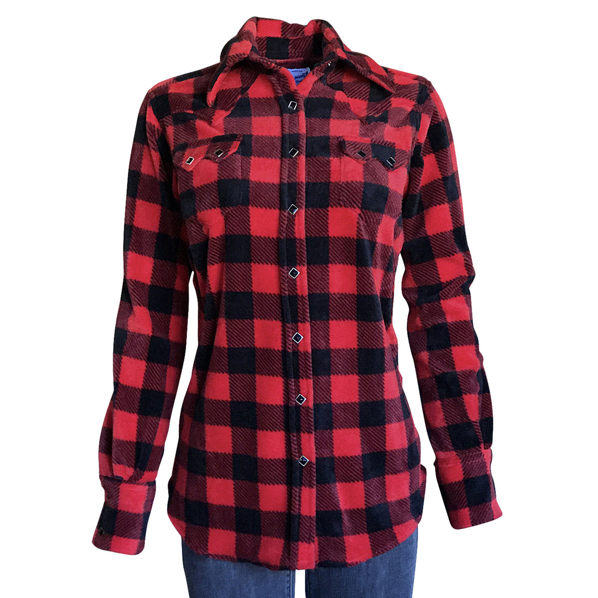 Women's Red and Black Buffalo Check Fleece Western Shirt by Rockmount Ranch Wear with sawtooth pocket and diamond snap front