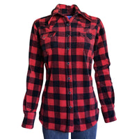 Women's Red and Black Buffalo Check Fleece Western Shirt by Rockmount Ranch Wear with sawtooth pocket and diamond snap front