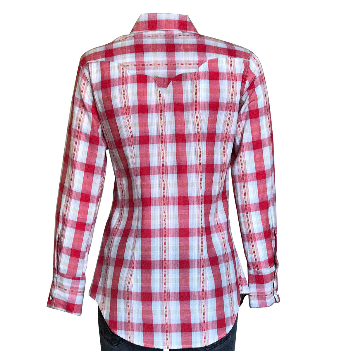 Women's Shadow Plaid Dobby Lurex Western Shirt in Red by Rockmount Ranch Wear with diamond snap front