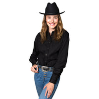 Women Solid Black Cotton Blend Western Shirt by Rockmount Ranch Wear with sawtooth pockets and diamond snaps